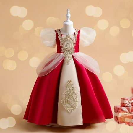

Toddler Girls Casual Dresses Autumn Winter Color Block Print Vintage Court Puffed Sleeve Performance Party Princess Dress Streetwear
