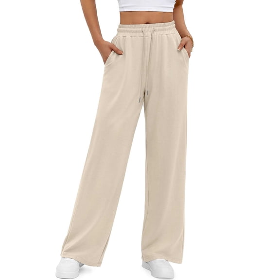 Wide Leg Sweatpants for Women Casual High Waisted Baggy Sweatpants Drawstring Workout Pants with Pockets Fashion Outfits,Beige,S