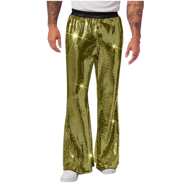 fheaev Men Solid Casual Slack And Tight Waist Stage Performance Sequined Pants Nightclub Style Flared Pants
