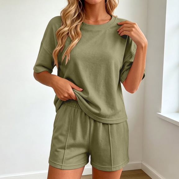 Lounge sets for women, Crew Neck Drop Shoulder Top and High Waist Shorts, Casual Summer 2 Piece Loungewear Set(Army Green,L)