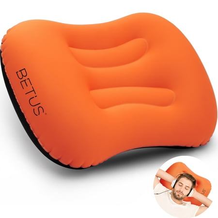 Compressible Travel Pillow BETUS DREAMER COMFORT Ultralight Inflatable Air Pillow - Compressible, Compact, Comfortable, Ergonomic Pillow for Neck & Lumbar Support for Travel Trips, Backpacking and Camping (Orange) ()