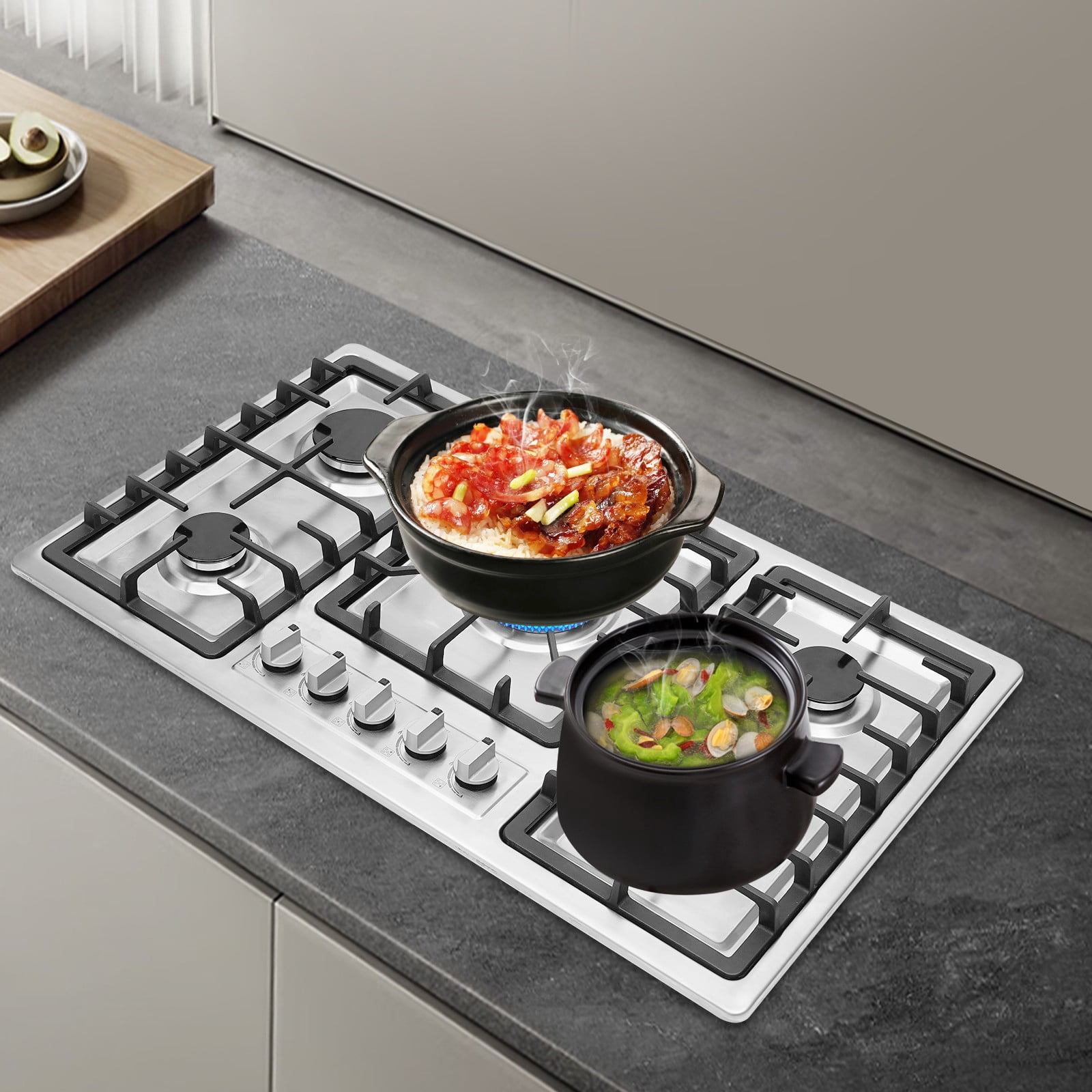 5 Burners Gas Stove Stainless Steel NG Cook-Top 6*51*9cm for Home/Commercial Kitchens
