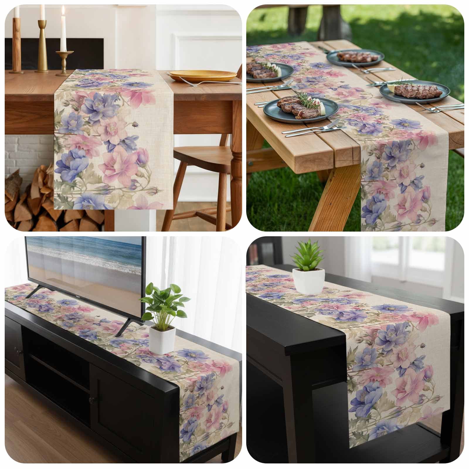Pink Blue Spring Floral Table Runner 120 Inches Long, Rustic Summer Flower Botanical Kitchen Coffee Dining Table Decoration for Home Party Birthday Wedding Home Decor 13x120 Inches