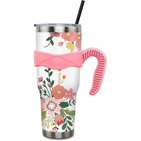 

40 oz Tumbler with Handle and Straw 40 oz Floral Cup Insulated Stainless Steel Coffee Travel Mug Spill Proof Leak Proof Slim 40oz Tumbler with Handle Floral Decor Stuff Gifts for Women