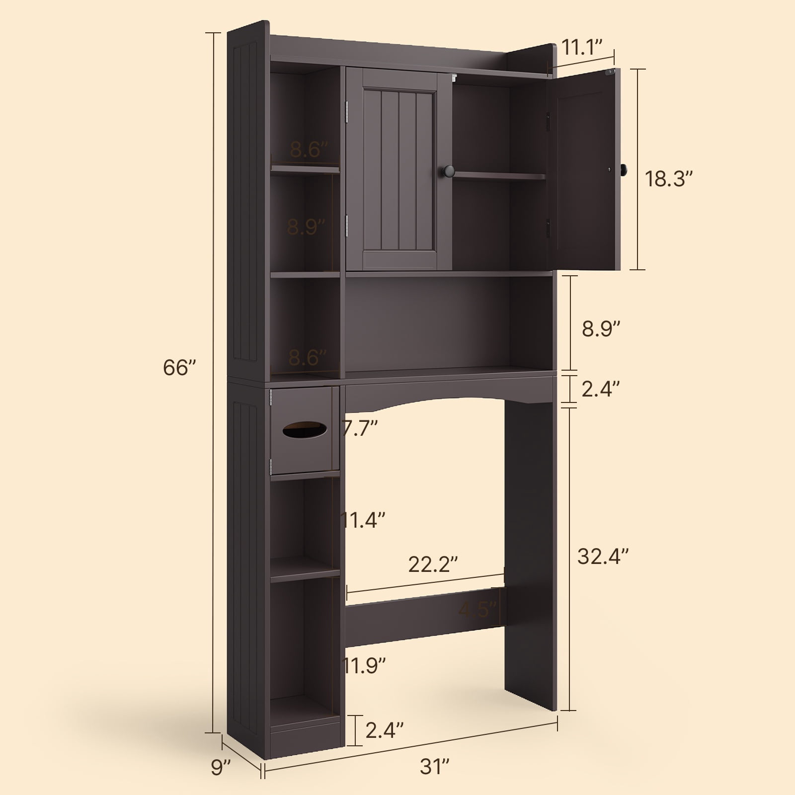 Over The Toilet Storage Cabinet, Asofer 66''H Bathroom Storage Organizer with Paper Holder and Adjustable Shelf, Dark Brown
