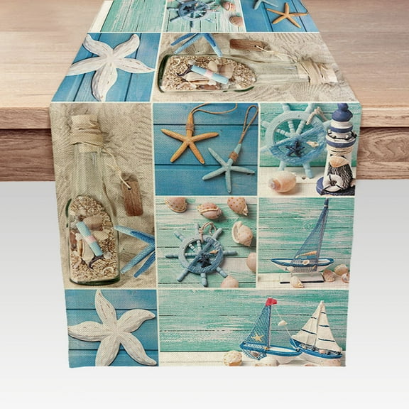 Nautical Table Runner, Starfish Lighthouse Table Runners for Dining Room, Kitchen, Living Room, Holiday and Party Table Decor 13 x 72inch