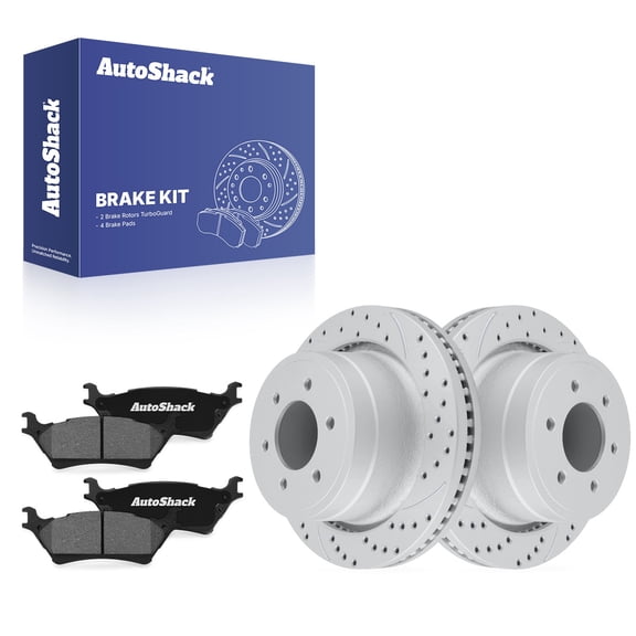 AutoShack Rear Vented Drilled & Slotted Coated Brake Rotors Silver Matte Finish   Ceramic Pads 6-PC Brake Kit Replacement for 2012-2017 Ford F-150 TurboGuard 13.71" (348.2 mm)