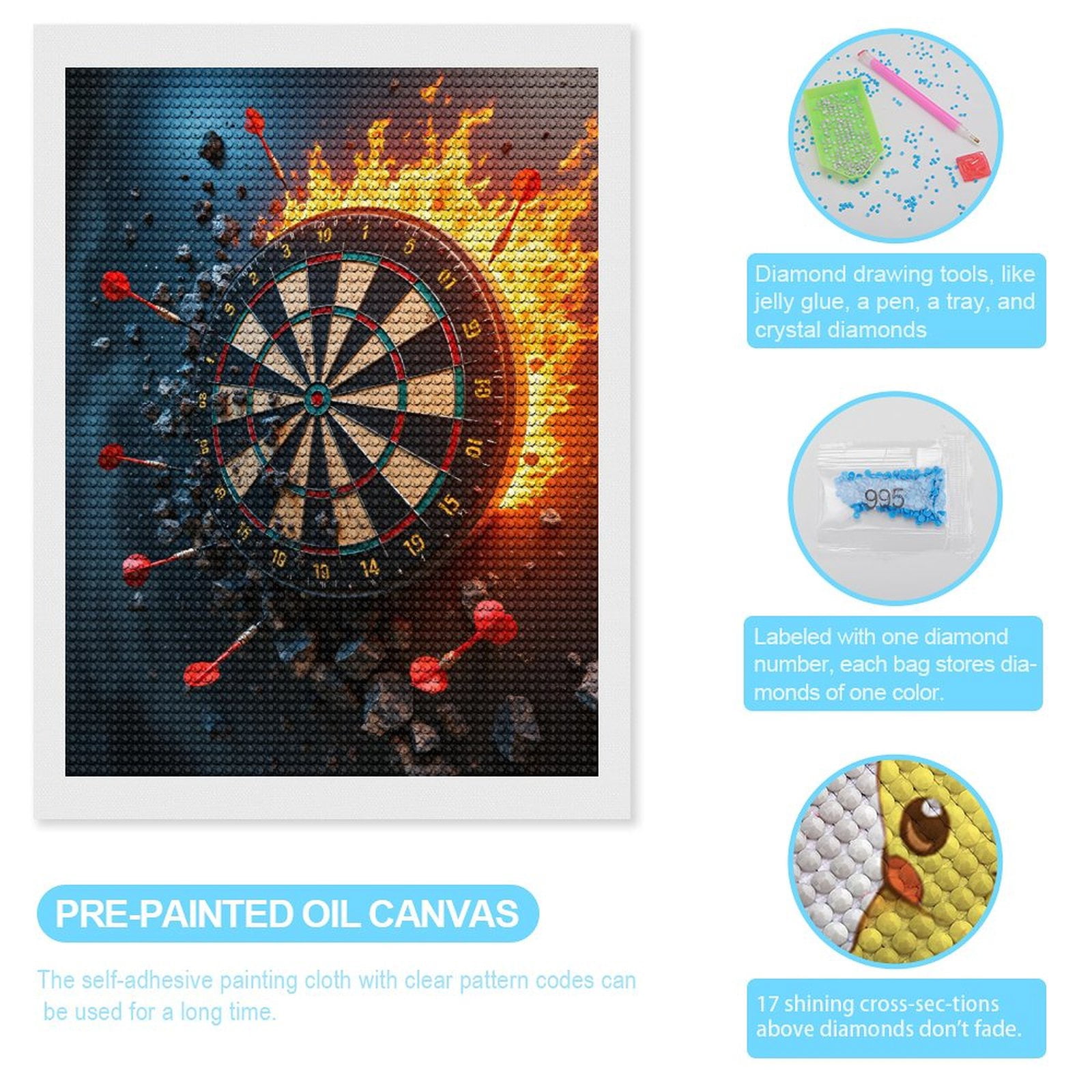 Diamond Art Kits for Adults, Dartboard Flames Impact Rocks Arrows 5D Diamond Painting Kits for Adults Beginners, DIY Full Drill Diamond Painting, Gem Art and Crafts 12x16