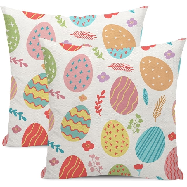 Easter Pillow Covers 18x18 Inch Set of 2, Colorful Easter Eggs Decor Throw Pillows Spring Farmhouse Pillow Covers Easter Decorations Pillowcase Square Linen Outdoor Cushion Case for Couch Home