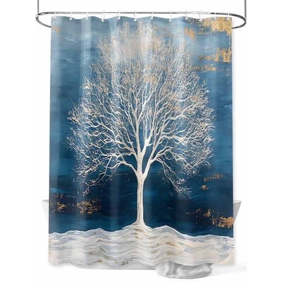 Shower Curtain White Tree Oil Painting Shower Curtains for Bathroom, Waterproof Polyester Shower Curtain Set with Hooks, Extra Long 72" x 78" Ombre Blue