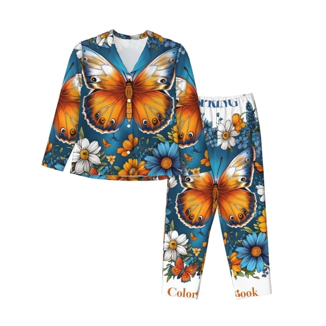 Fotbe Spring Butterfly Flowers Conjunto de Pijama de Manga Larga para Mujer con Estampado, Ropa de Dormir de 2 Piezas, Conjunto de Casa Suave y Cómodo con Bolsillos-XX-Large