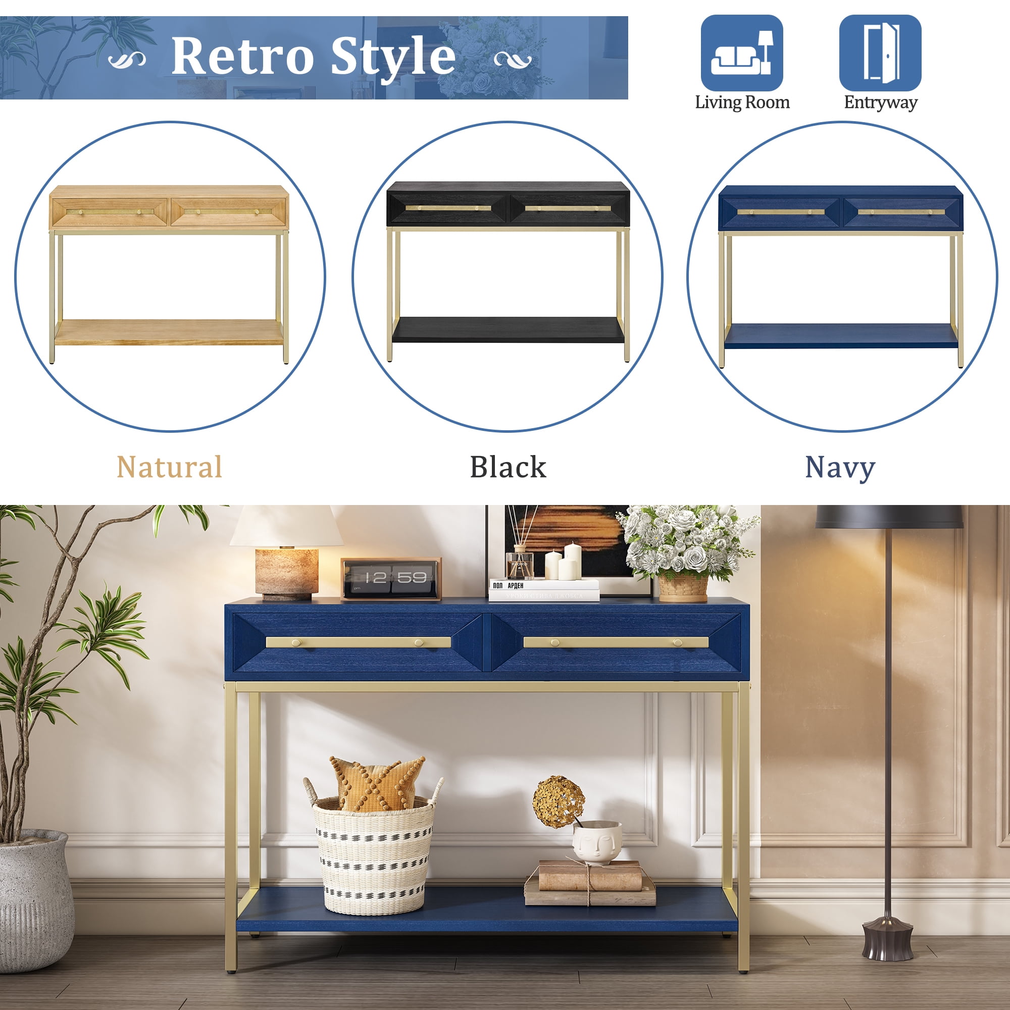 EUROCO 45.5" Console Table,Wood Narrow Entryway Table with 2 Drawers and Open Storage Shelf,Retro Hallway Table Sofa Table for Hallway,Living Room,Navy