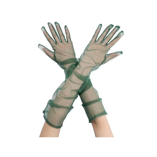 Guantes largos de ópera de tul INSPIRE CHIC para mujer, guantes de malla transparentes de dedo completo para la noche de boda, verde oscuro M