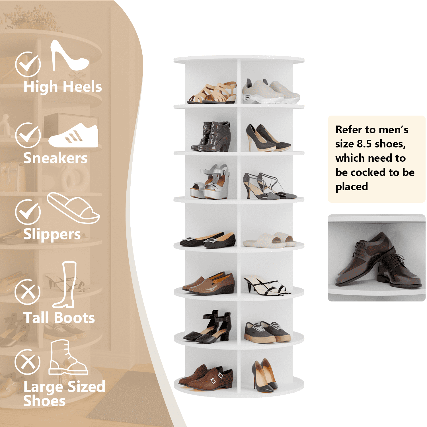Waleaf 7 Tier Rotating Shoe Rack Tower for Living room,&Entryway, 360° Spinning Shoe Display Lazy Susan, White