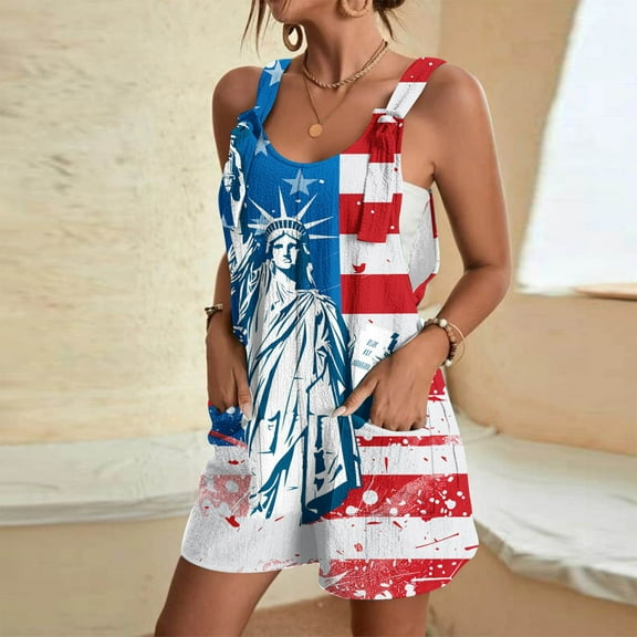 Womens 4th of July Rompers Womens Rompers for Summer Women's Jumpsuits Womens Rompers and Jumpsuits Women's Comfortable Casual Suspender Independence Day Printing Shorts Pocket Jumpsuit Shorts