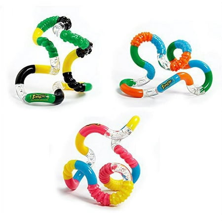 Tangle Jr. Brain Tools Textured Sensory Fidget Toy, 3 Pack, Pink Yellow Blue, Green Yellow Black, Blue Orange Green