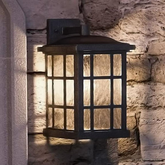 Urban Ambiance Luxury Craftsman Outdoor Wall Light, Medium Size: 17"H x 11"W, with Tudor Style Elements, Highly-Detailed Design, High-End Black Silk Finish and Water Glass, UQL1236