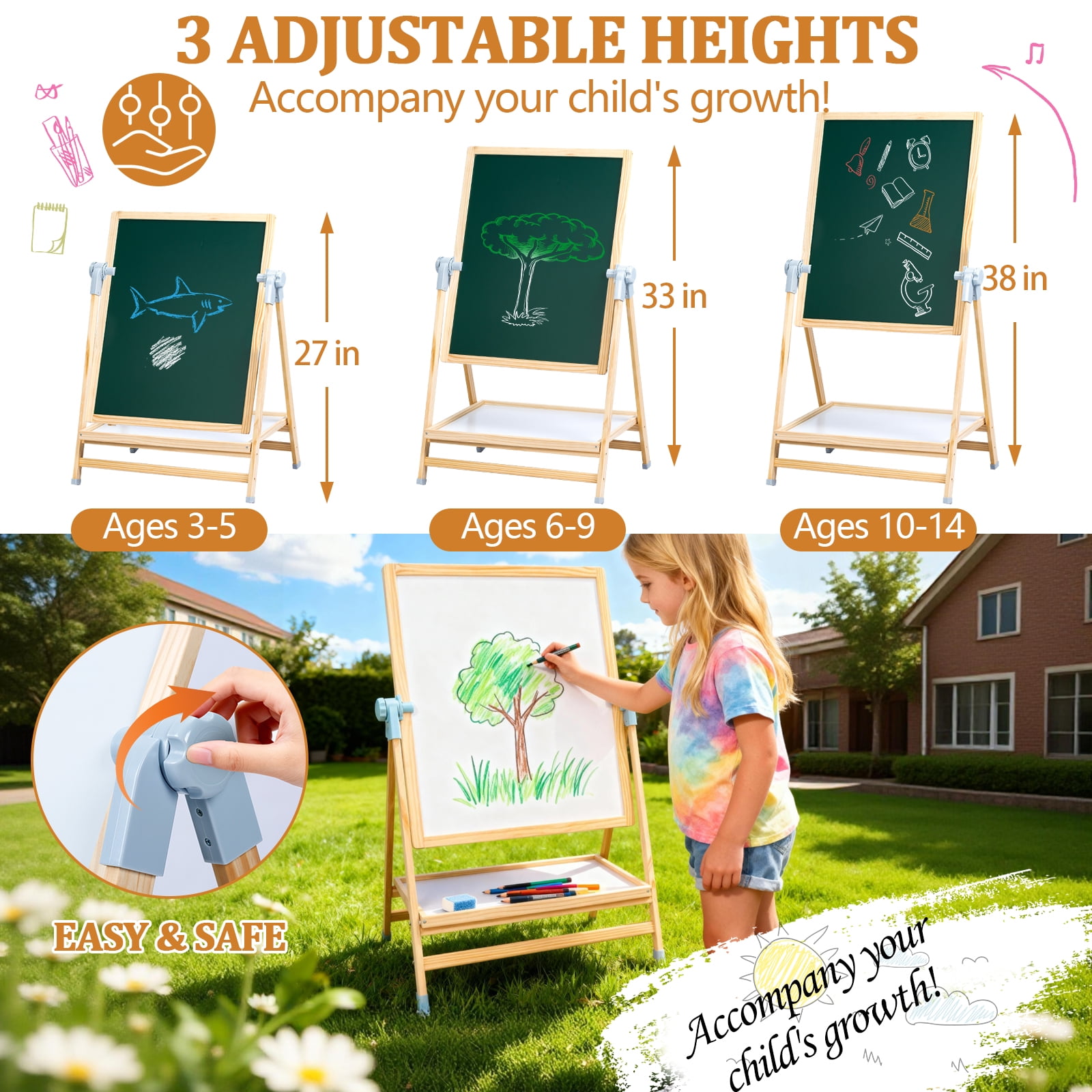 EVGTTI Art Easel for Kids, Adjustable Double-Sided Magnetic Easel, Wooden Kids Art Easel with Shelf, Safe Learning Toy for Boy & Girls