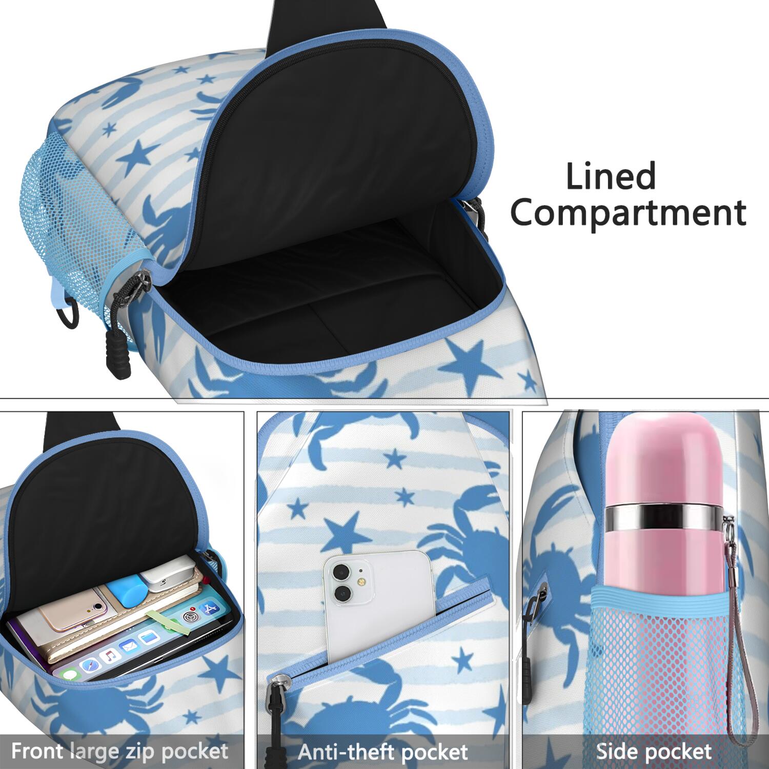Sling Backpack Small BackpackTravel Sling Bag for Hiking Dating Gym Cycling Working Marine Adorable Crab