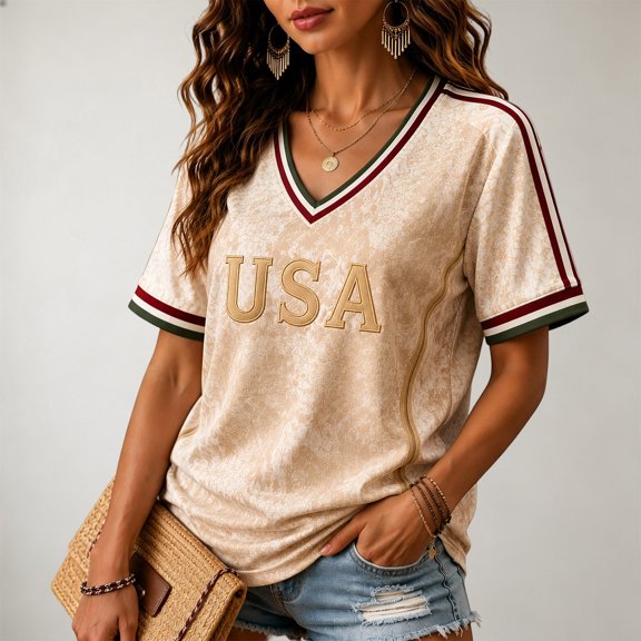USA 2026 Soccer Cup Fan Jersey for Women, V-Neck Short Sleeve T-Shirt with Vintage Floral & Gold Letter Print, Breathable Casual Sports Tee Pullover Top, 1 PC Beige L
