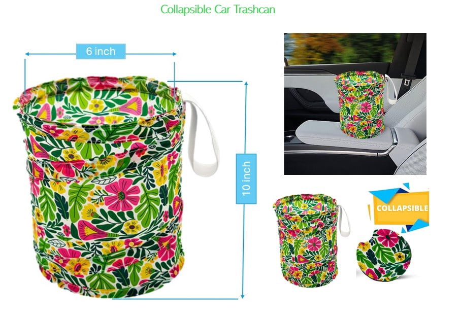 Women's Bright Island Floral Car Accessory Set with Keychain, Collapsible Trashcan, and Coasters