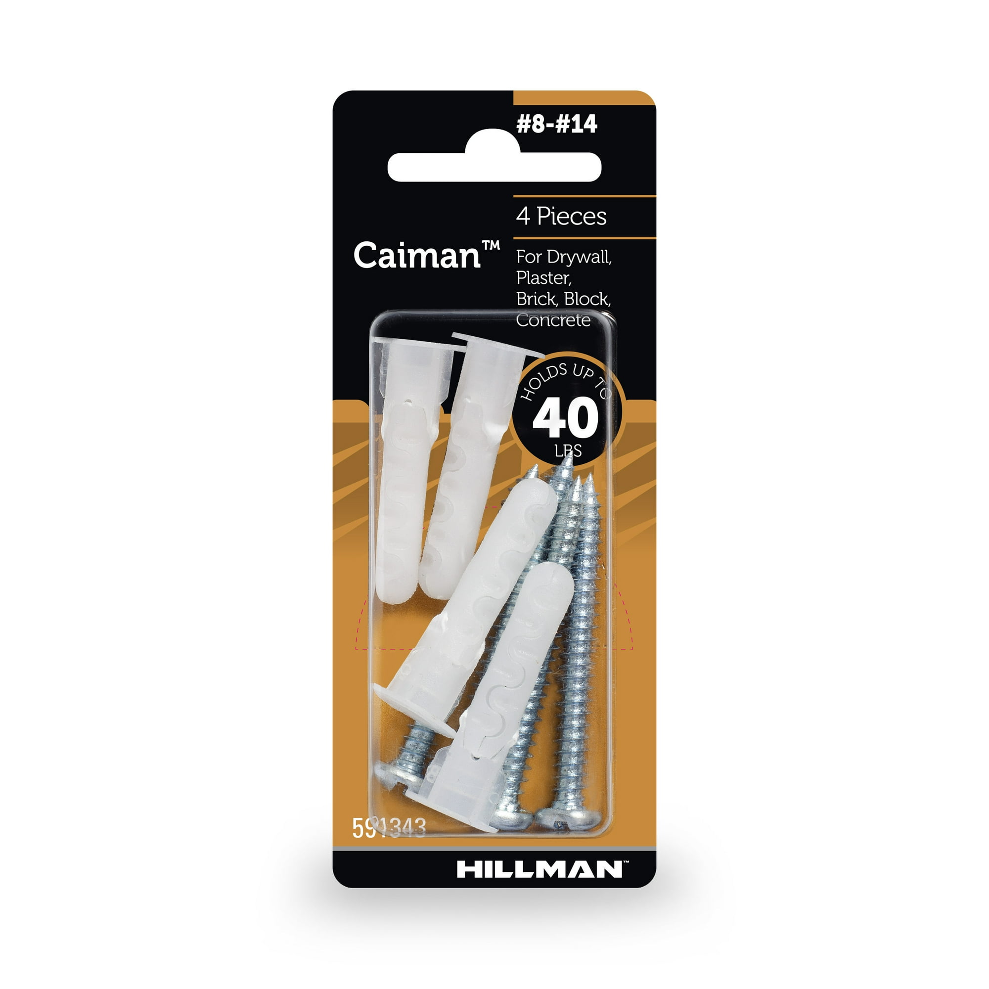 Hillman Caiman Multi-material Wall Anchors, #8-14, Nylon and Steel, 40 lb., White, 4 sets