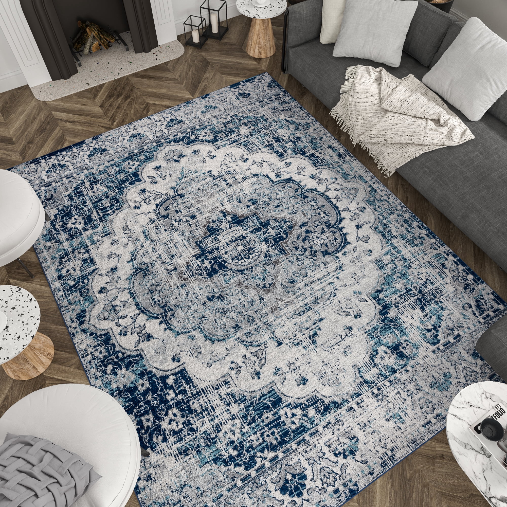Diamond Traditional 4' x 5' Blue and Cream Polypropylene Indoor Area Rug