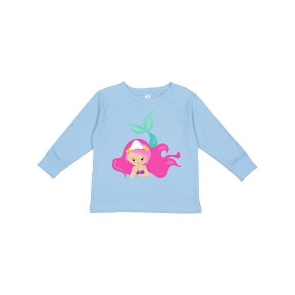 Inktastic Cute Mermaid, Pink Hair, Little Mermaid, Starfish Girls Long Sleeve Toddler T-Shirt