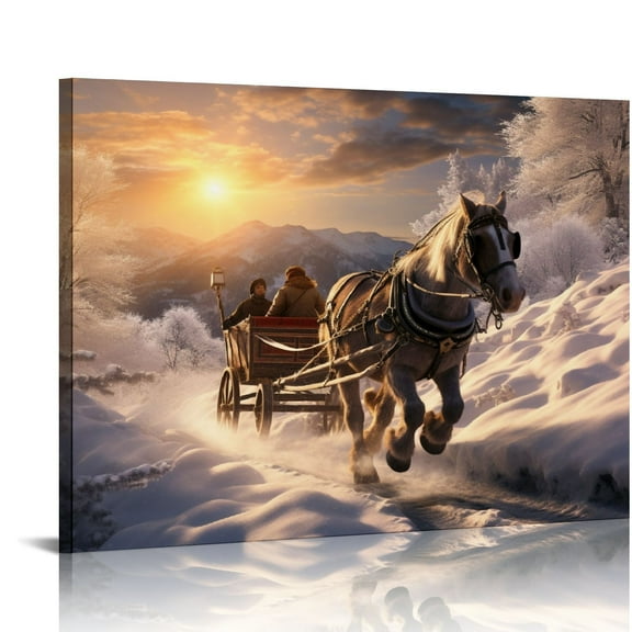Horse Drawn Sleigh Canvas Print Snowy Winter Scene Light Up Wall Art with Cardinals, Horse Prints Canvas, christmas wall art, Animal wall art, Framed print, Decor