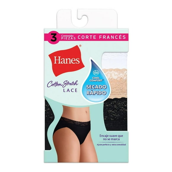 Pantaleta Hanes para Mujer, Corte Francés Lace Multicolor 3 Piezas Talla G/7