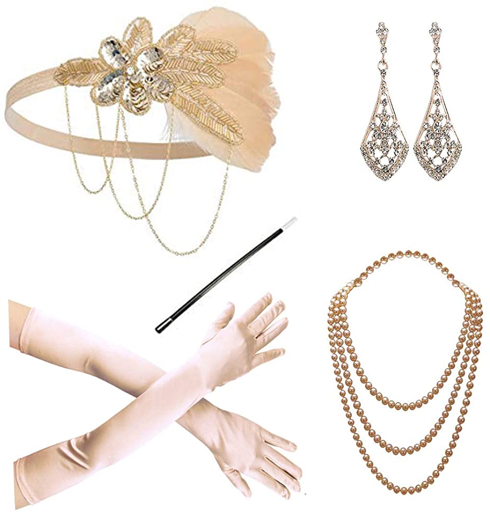 BABEYOND 1920s Flapper Costume Accessories Set - Headband, Pearl Necklace, Gloves & Earrings For Gatsby Party