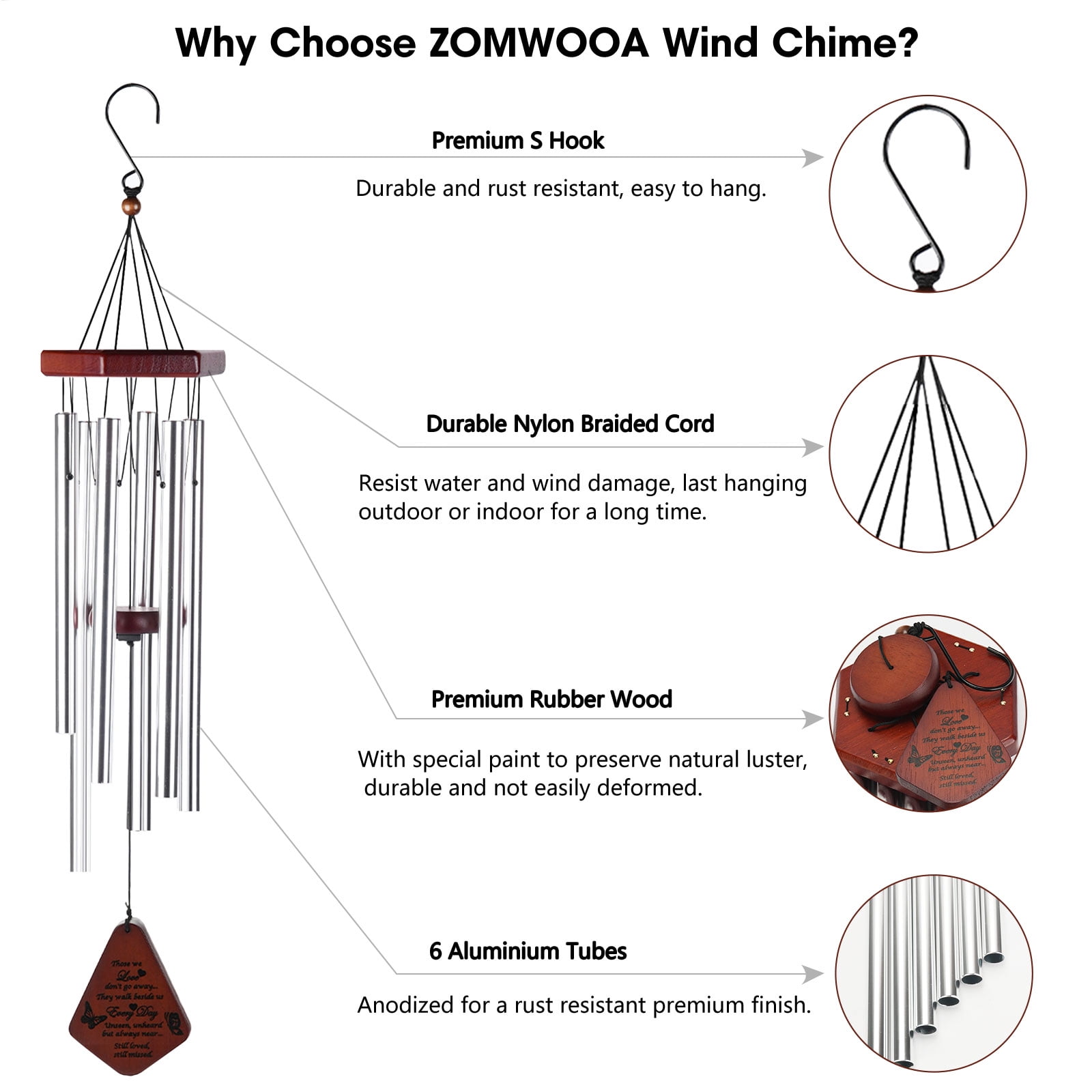ZOMWOOA Memorial Wind Chimes Outdoor, 32 Inch Large Sympathy Wind Chimes for Loss of a Loved One, Bereavement/Memorial Gift/Sympathy Gift in Memory of Loved One Condolence Remembrance（Silver）