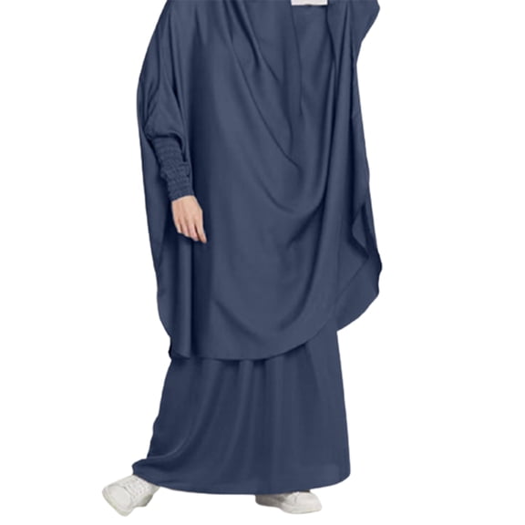 Aellinatey Women Muslim Islamic Khimar 2Pcs Set Prayer Dress Ruched Long Sleeve Hijab Skirt Abaya Suit Solid Color Eid Hooded Jilbab Ramadan Gown