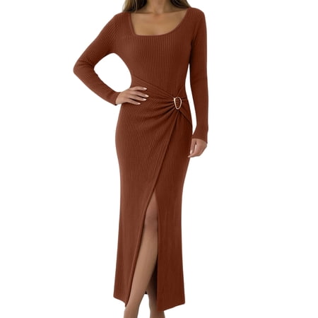 Women s Long Sleeve Maxi Bodycon Dresses Elegant Semi Formal Cocktail Knit Body Con Asymmetrical Weddding Guest