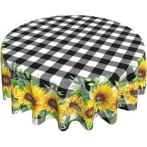 Sunflower Tablecloth Round 60 Inch Fabric Black White Buffalo Check Plaid Table Cloth Washable Spillproof Wrinkle Free Spring Summer Farmhouse Floral Table Cover for Indoor Outdoor Kitchen Dinning
