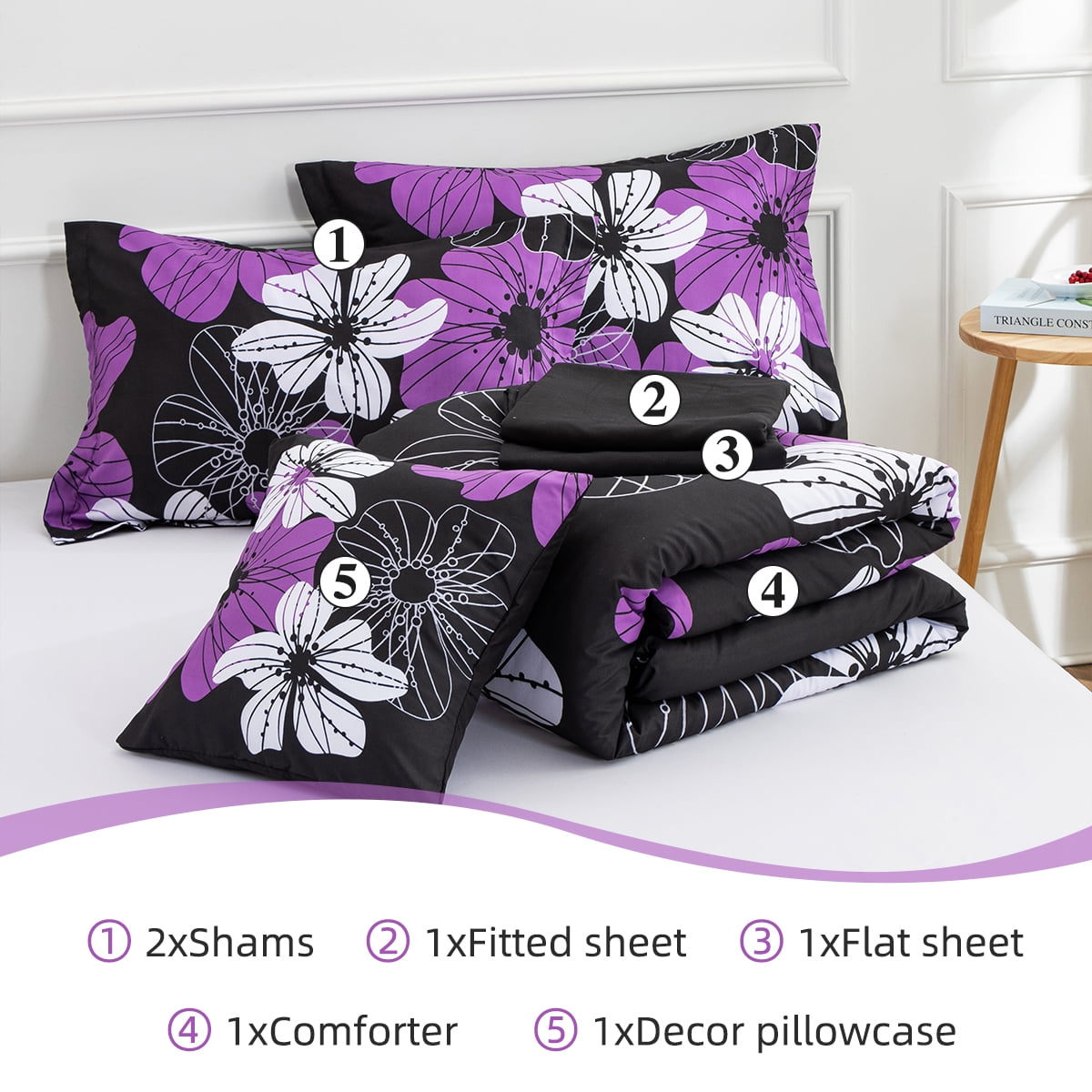 Btargot 6PCS Purple Comforter Sets King Floral Botanical Boho Bed-in-a-Bag Black Bedding Set