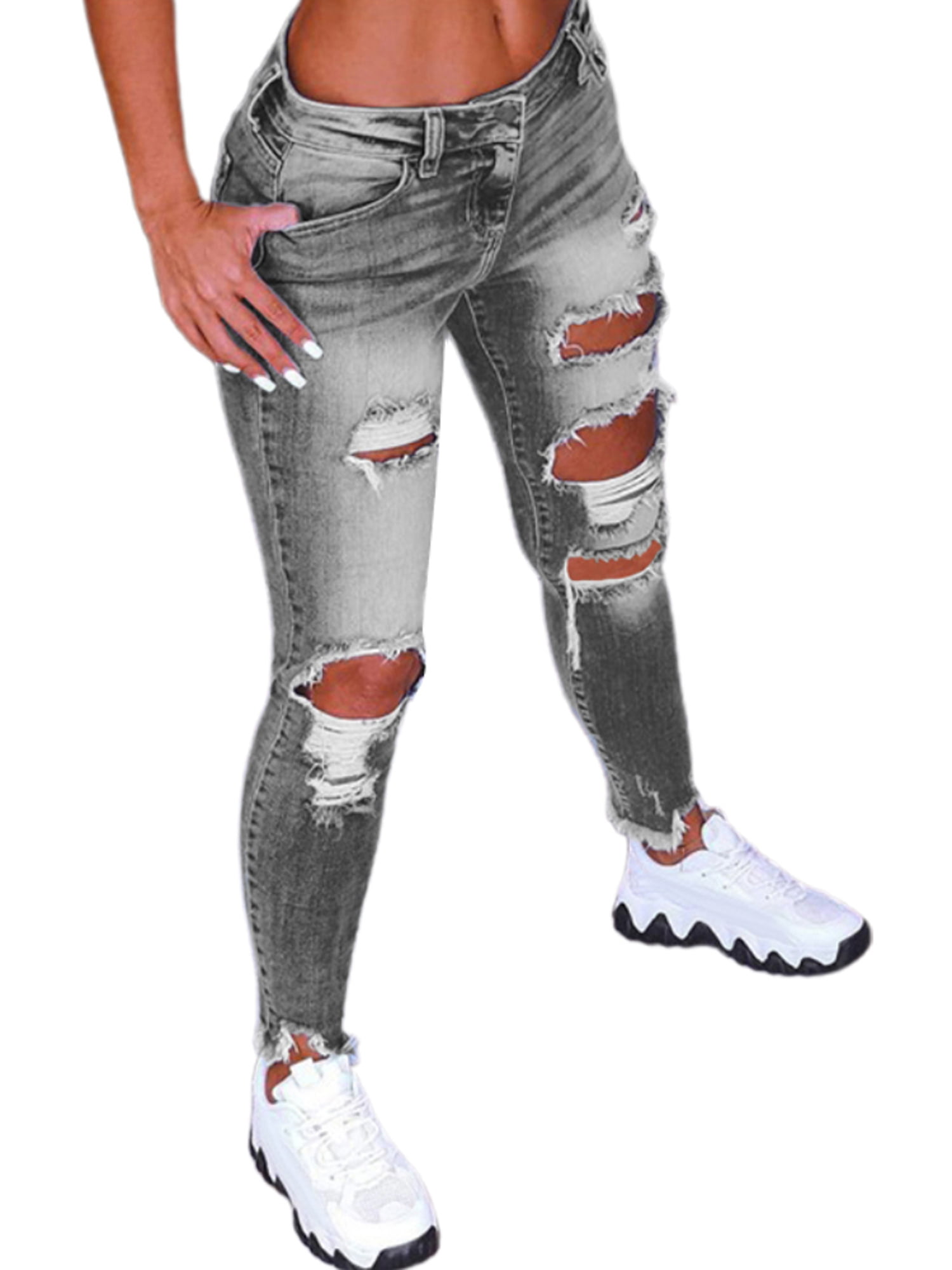 Ladies Crop Ankle Grazers Frayed Skinny Stud Bead Destroyed Stretch Denim Jeans 