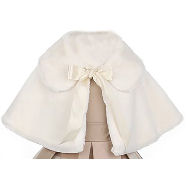 Little Girl Faux Fur Satin Ribbon Collar Dress Cape Flower Girl Bolero Jacket Jacket Ivory 2 SK