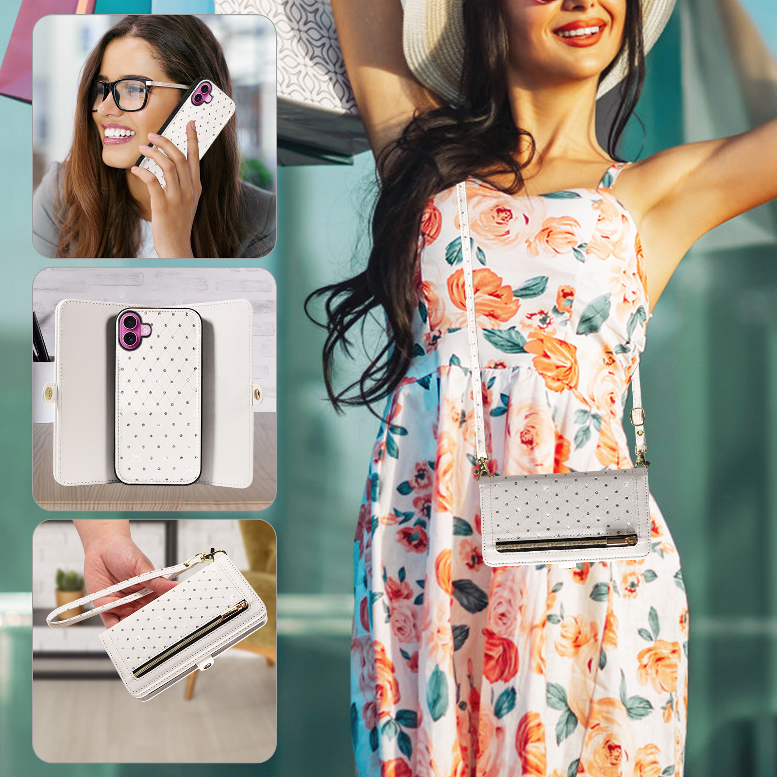 Asuwish Phone Case for iPhone 16 Plus 6.7 inch Zipper Wallet Detachable Cell Cover with Tempered Glass Screen Protector Crossbody Lanyard Strap Bling Glitter Flip Card Holder Slot i Phone16Plus White