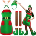 thumbnail image 2 of Conjuntos a juego de disfraces de elfo navideño 2024 para mujeres, niñas y adultos, disfraz de Papá Noel de Navidad, delantal divertido, medias, zapatos, diadema, 2 of 4