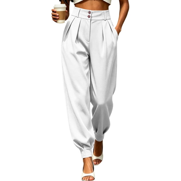 CQONEPT Womens Dress Pants Business Casual Loose Fit Fashion High Waisted Tapered Pant Fashion Slacks Work Trousers White 2XL