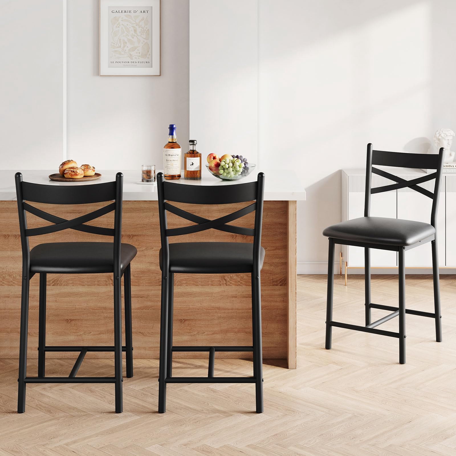 Huisuilinss 22 Inch Counter Height Bar Stools, PU Upholstered Kitchen Barstools, Bar Stools with Back, Comfortable Bar Chairs, Modern Counter Stools 2Pcs/4Pcs for Kitchen Island Apartment Counter Bar