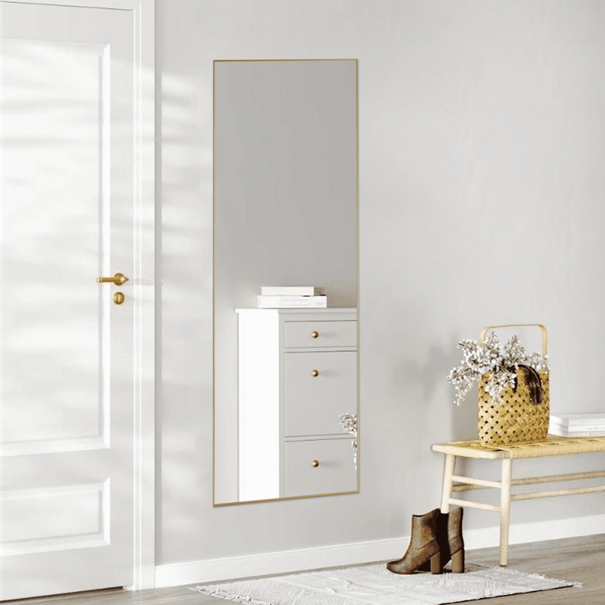 MAYEERTY 64" Rectangular Floor Mirror Freestanding Aluminum Alloy Full Length Mirror,Gold