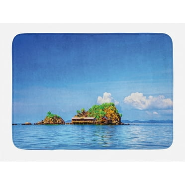 Island Bath Mat, Photo of Tropic Islands in the Pacific Sea with Vivid Sky View Peaceful Idyllic, Non-Slip Plush Mat Bathroom Kitchen Laundry Room Decor, 29.5 X 17.5 Inches, Blue White, Ambesonne