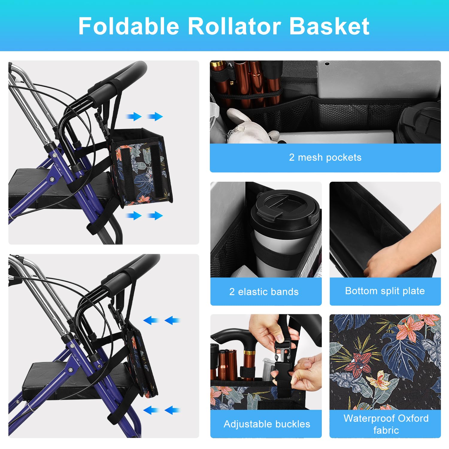 SupreGear Rollator Basket Bag, Foldable Waterproof Storage Pouch with Cup Holder for Rollator, Black Floral
