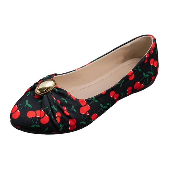 Women's Cherry Print Ruched Ballet Flat Shoes Low Top Pointed Toe Metal Decora Slip On Casual Walking Dressy Loafers