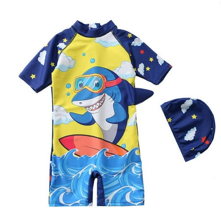 

Esho Little Boys One Piece Swimsuit Baby Cute Cartoon Dinosaur Bathing Suit with Swim Cap 1-7Y