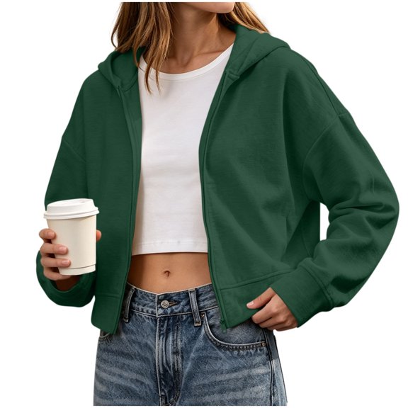 Hooded Zip Women Cropped Jackets Long Sleeve Sweatshirt with Pocket,Drop Shoulder Casual Fall Winter Daily Home Outdoor Wear,Green,M