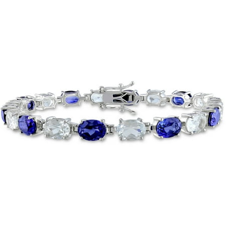 Tangelo 21-3/4 Carat T.G.W. Created Blue Sapphire and White Topaz Sterling Silver Tennis Bracelet, 7.25