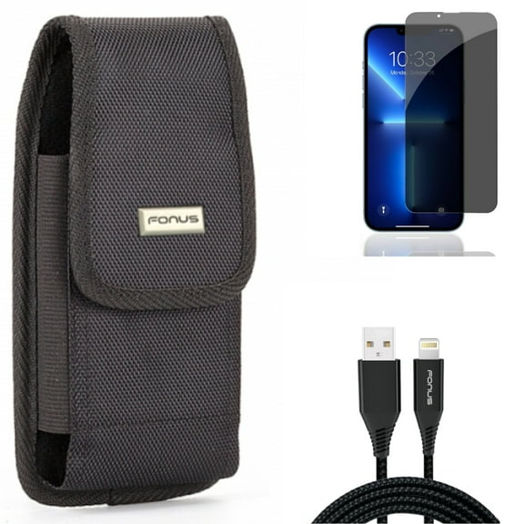 10ft USB Cable & Case Belt Clip & Privacy Screen Protector for iPhone 13,Pro ONLY - Charger Cord Power Wire   Swivel Holster Rugged   Tempered Glass Curved Anti-Spy Combo